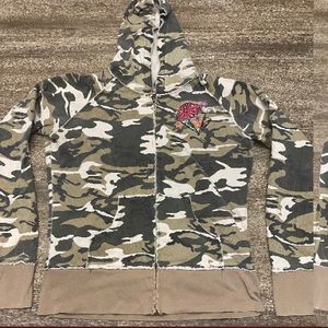 Camo zipper jacket  with embodied design on back and one front left chest area